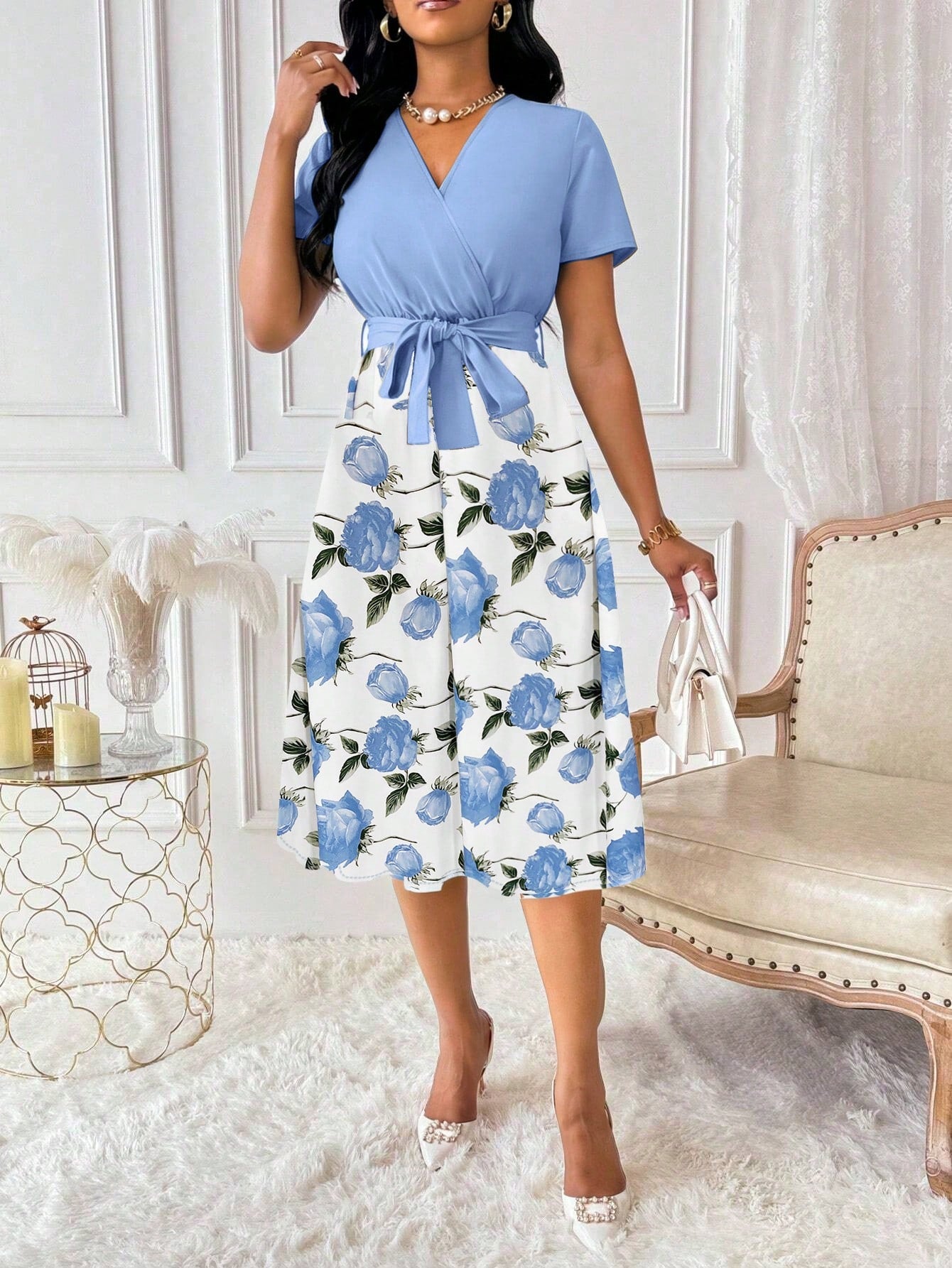 Elenzga Women's Floral Print Overlap V-Neck Short Sleeve Elegant Dress Maxi Women Outfit