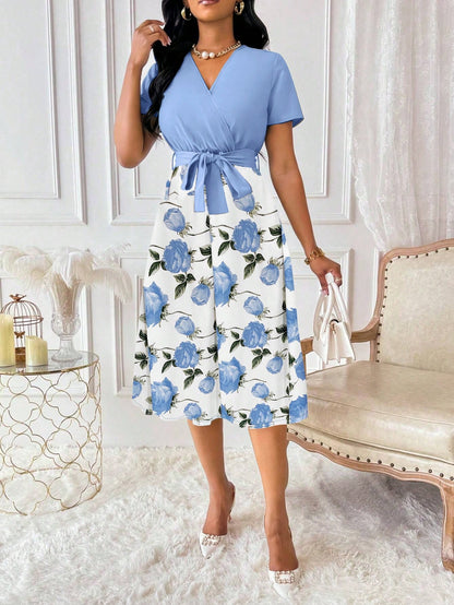 Elenzga Women's Floral Print Overlap V-Neck Short Sleeve Elegant Dress Maxi Women Outfit