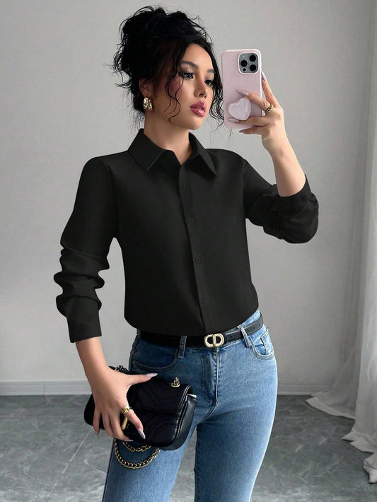 Elenzga Women's Solid Color Casual Long Sleeve Shirt