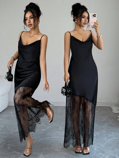 Elenzga Women's Solid Color Glossy Satin Material Small Ruffle Neckline Camisole Waist-Cinched Asymmetrical Hem Lace Patchwork Adjustable Straps Black Long Maxi Dress French Exquisite Elegant Vintage