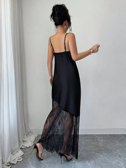 Elenzga Women's Solid Color Glossy Satin Material Small Ruffle Neckline Camisole Waist-Cinched Asymmetrical Hem Lace Patchwork Adjustable Straps Black Long Maxi Dress French Exquisite Elegant Vintage