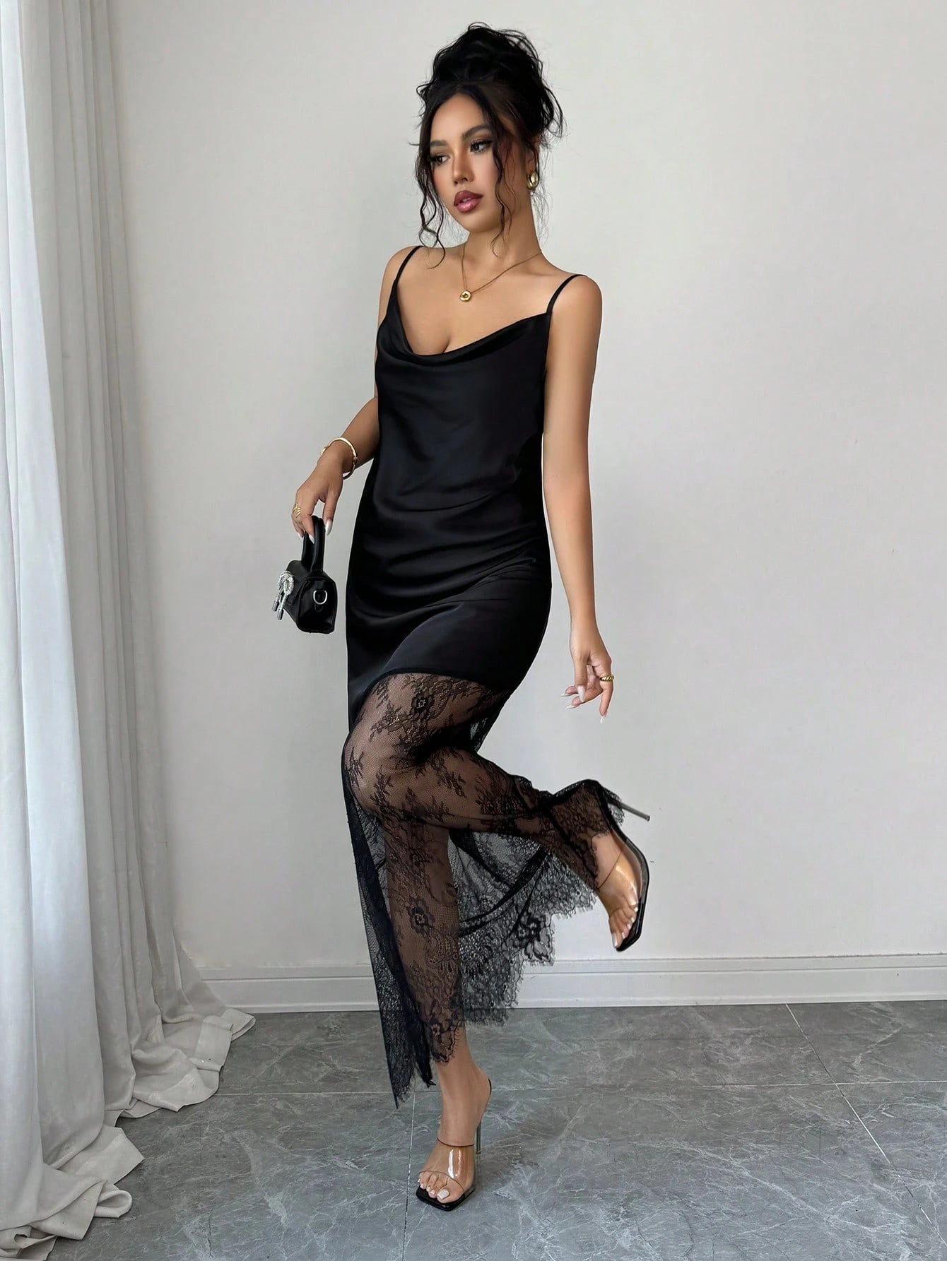 Elenzga Women's Solid Color Glossy Satin Material Small Ruffle Neckline Camisole Waist-Cinched Asymmetrical Hem Lace Patchwork Adjustable Straps Black Long Maxi Dress French Exquisite Elegant Vintage