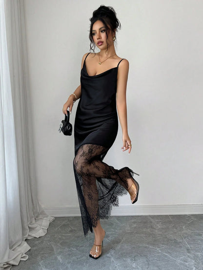 Elenzga Women's Solid Color Glossy Satin Material Small Ruffle Neckline Camisole Waist-Cinched Asymmetrical Hem Lace Patchwork Adjustable Straps Black Long Maxi Dress French Exquisite Elegant Vintage