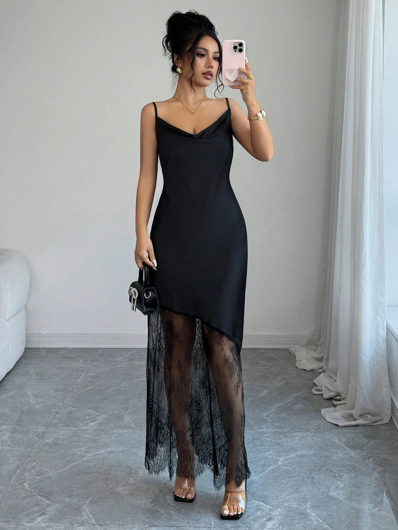 Elenzga Women's Solid Color Glossy Satin Material Small Ruffle Neckline Camisole Waist-Cinched Asymmetrical Hem Lace Patchwork Adjustable Straps Black Long Maxi Dress French Exquisite Elegant Vintage