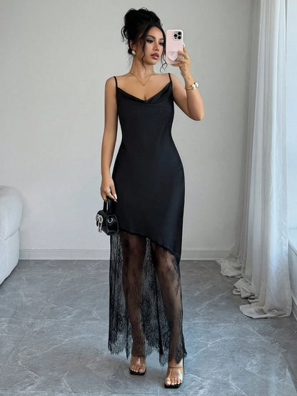 Elenzga Women's Solid Color Glossy Satin Material Small Ruffle Neckline Camisole Waist-Cinched Asymmetrical Hem Lace Patchwork Adjustable Straps Black Long Maxi Dress French Exquisite Elegant Vintage