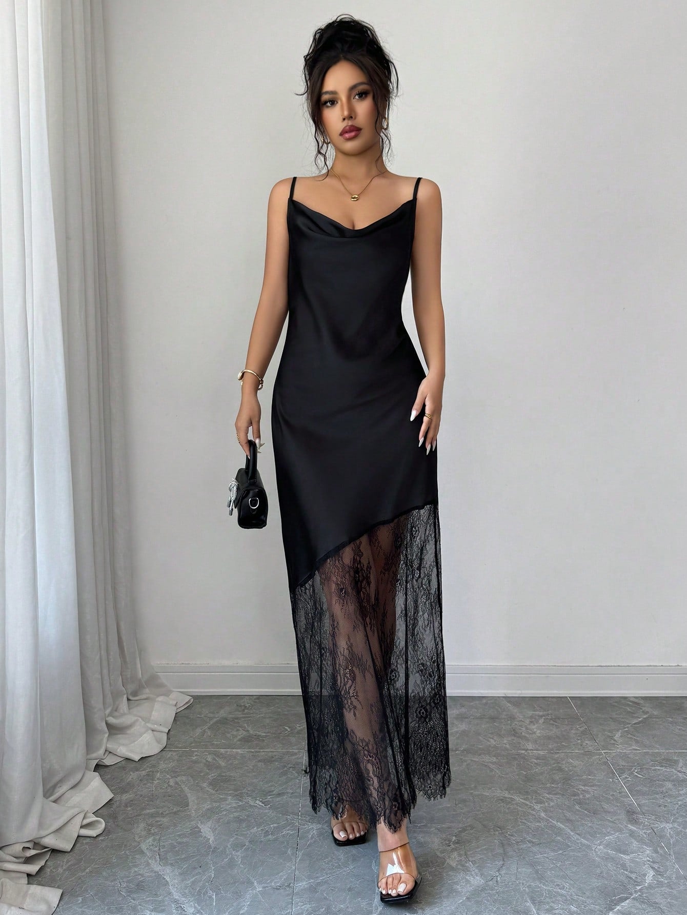 Elenzga Women's Solid Color Glossy Satin Material Small Ruffle Neckline Camisole Waist-Cinched Asymmetrical Hem Lace Patchwork Adjustable Straps Black Long Maxi Dress French Exquisite Elegant Vintage