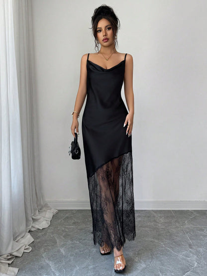 Elenzga Women's Solid Color Glossy Satin Material Small Ruffle Neckline Camisole Waist-Cinched Asymmetrical Hem Lace Patchwork Adjustable Straps Black Long Maxi Dress French Exquisite Elegant Vintage