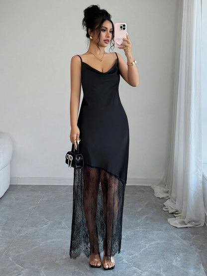 Elenzga Women's Solid Color Glossy Satin Material Small Ruffle Neckline Camisole Waist-Cinched Asymmetrical Hem Lace Patchwork Adjustable Straps Black Long Maxi Dress French Exquisite Elegant Vintage