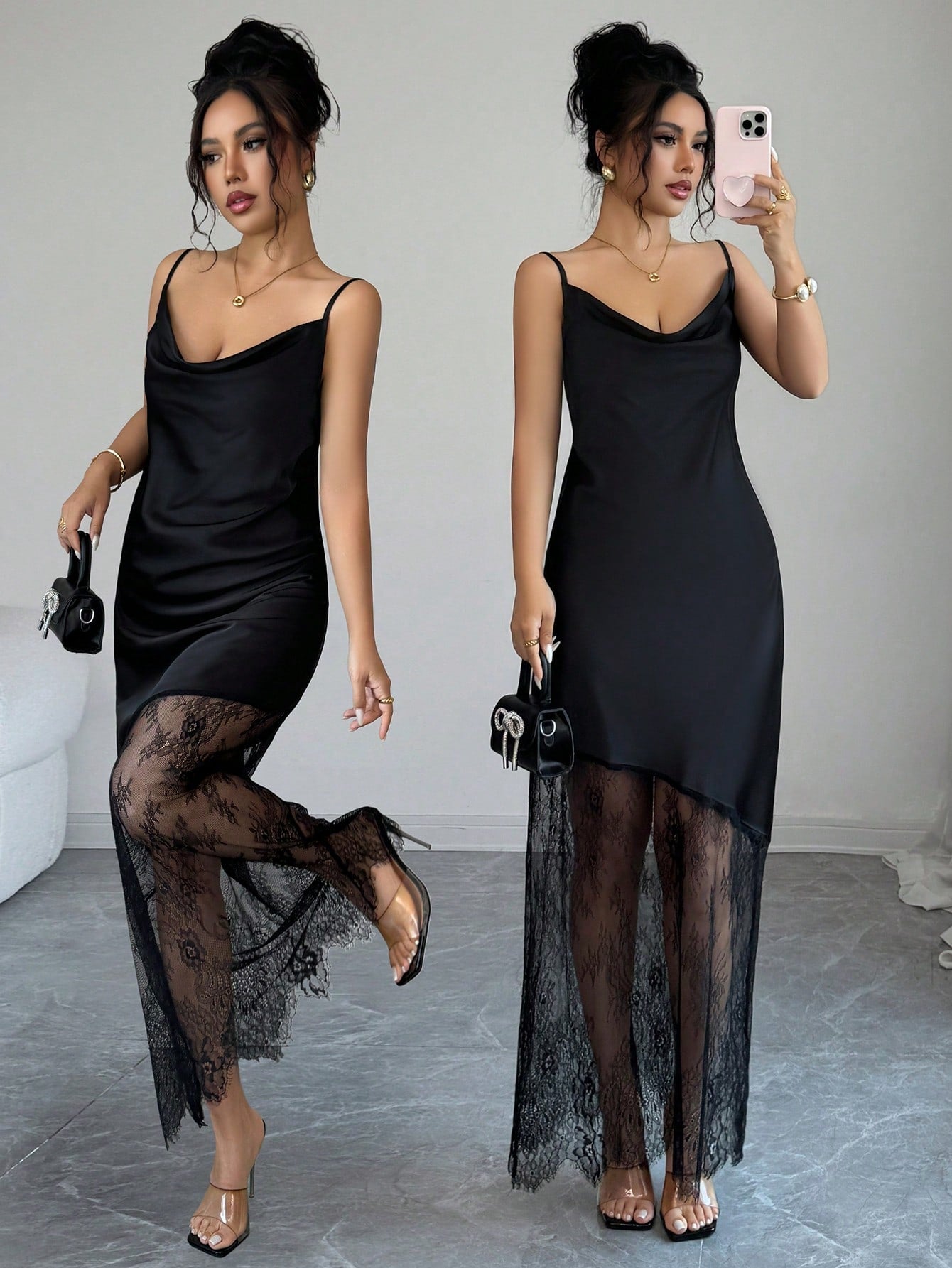 Elenzga Women's Solid Color Glossy Satin Material Small Ruffle Neckline Camisole Waist-Cinched Asymmetrical Hem Lace Patchwork Adjustable Straps Black Long Maxi Dress French Exquisite Elegant Vintage