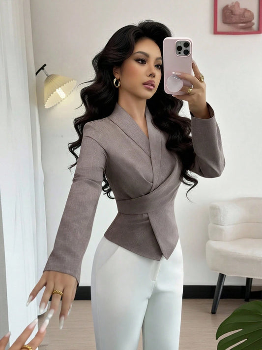 Elenzga Women's Solid Color Tie Crossed Collar Long Sleeve Casual Commuter Outdoor Base Layer Blouse, Autumn/Winter/Spring