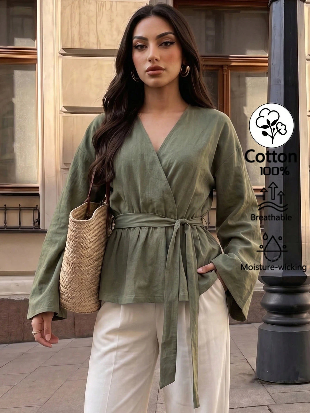 Elenzga Women's Solid Color V-Neck Waist Tie Pleated Casual Versatile Daily Outing Blouse