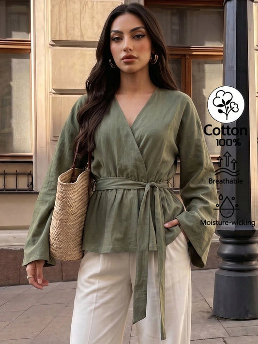 Elenzga Women's Solid Color V-Neck Waist Tie Pleated Casual Versatile Daily Outing Blouse