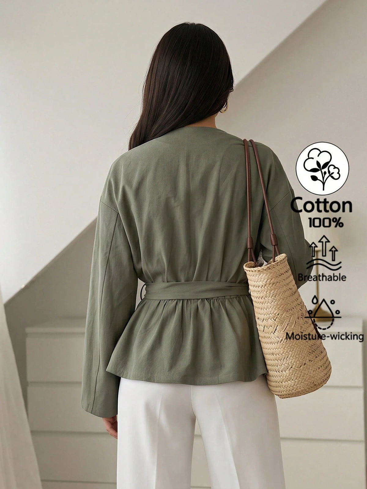 Elenzga Women's Solid Color V-Neck Waist Tie Pleated Casual Versatile Daily Outing Blouse