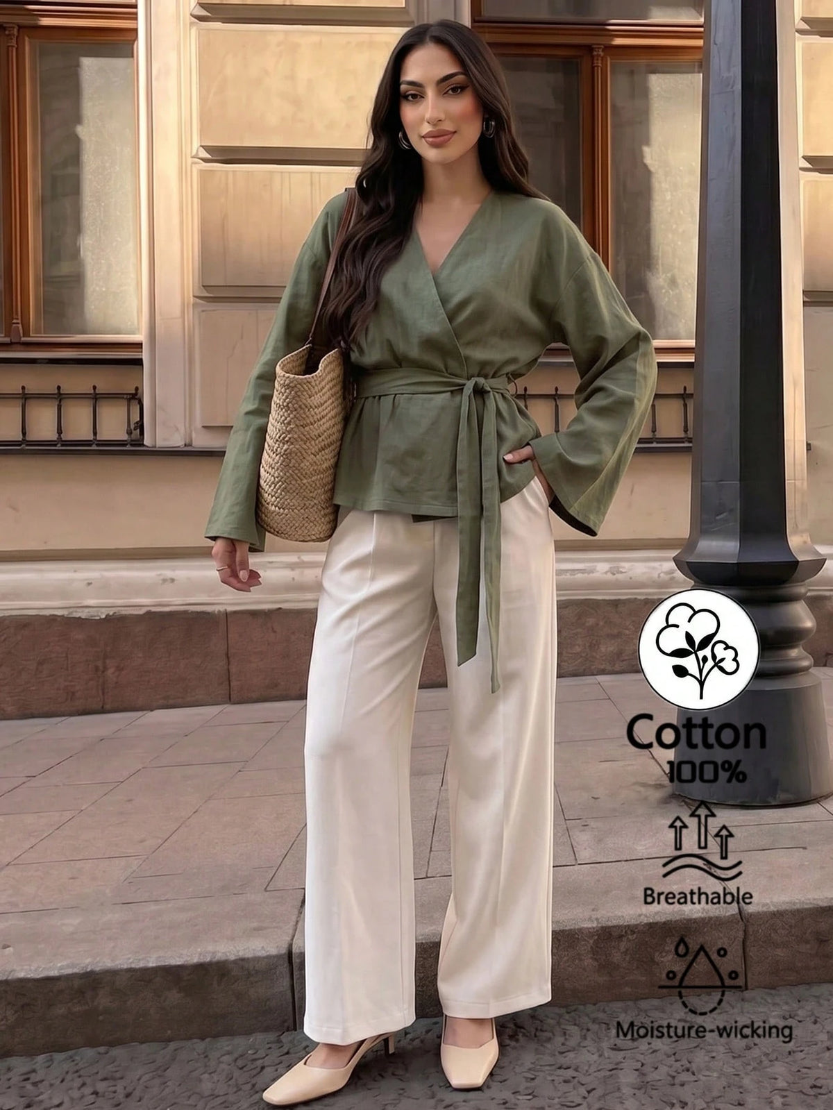 Elenzga Women's Solid Color V-Neck Waist Tie Pleated Casual Versatile Daily Outing Blouse