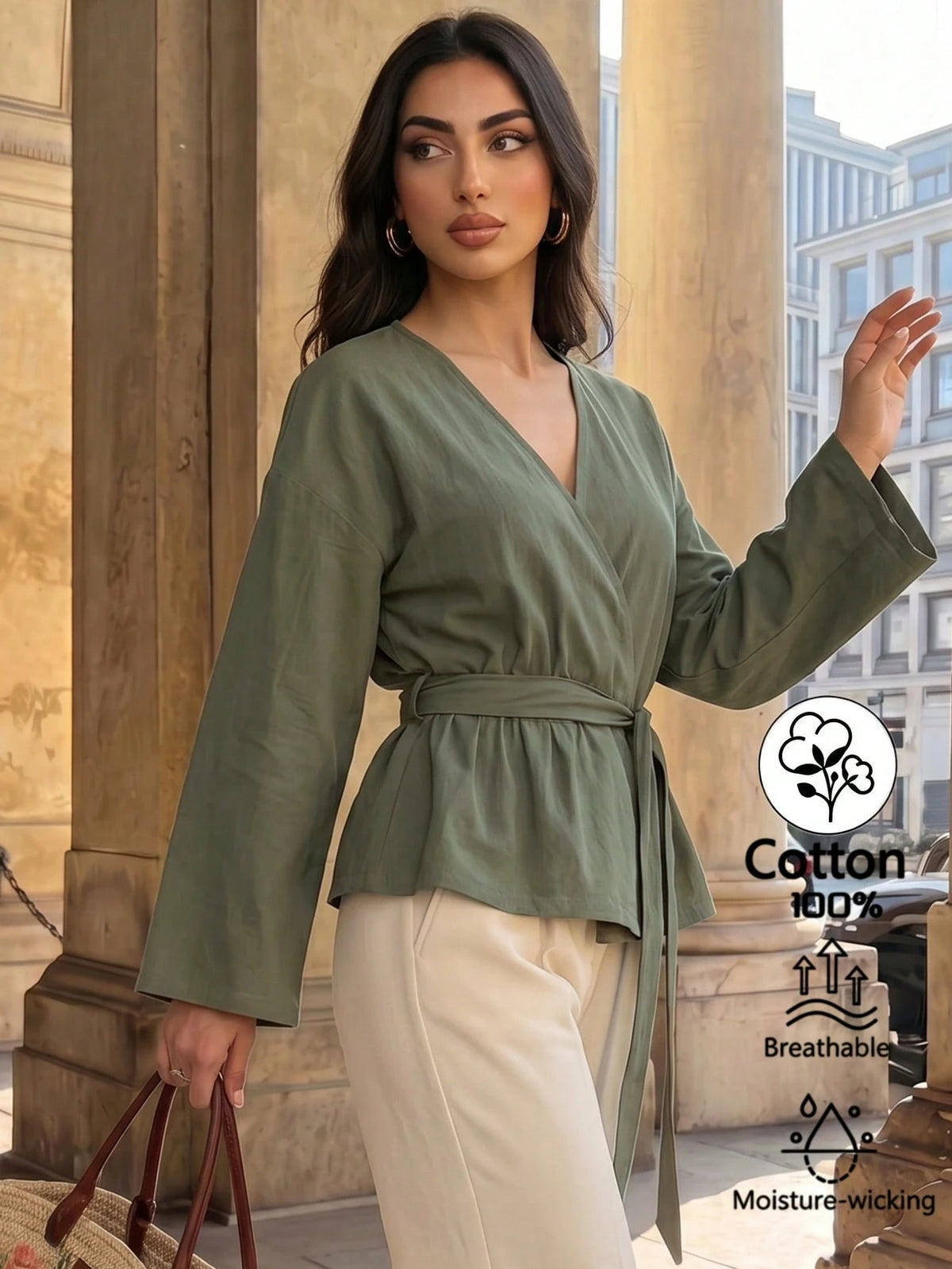 Elenzga Women's Solid Color V-Neck Waist Tie Pleated Casual Versatile Daily Outing Blouse
