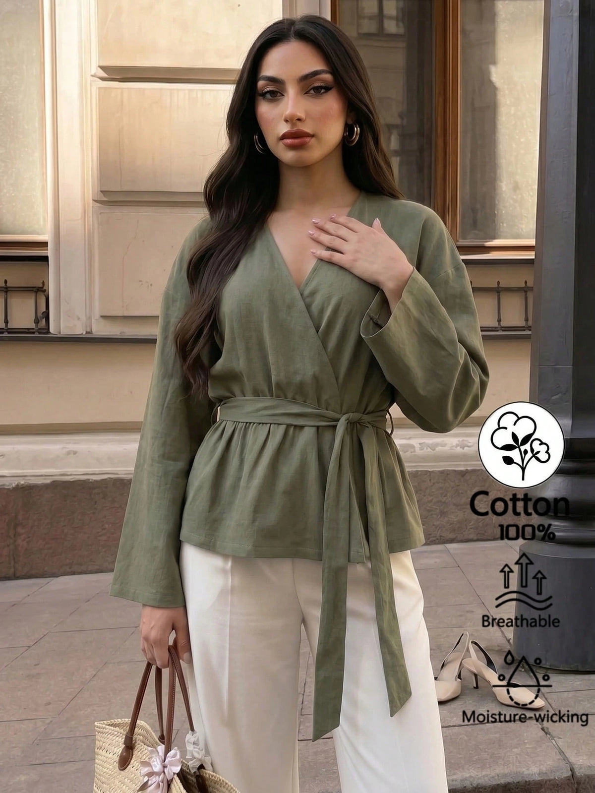 Elenzga Women's Solid Color V-Neck Waist Tie Pleated Casual Versatile Daily Outing Blouse