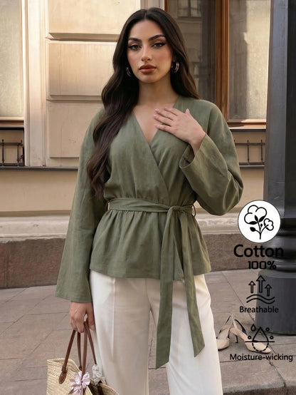 Elenzga Women's Solid Color V-Neck Waist Tie Pleated Casual Versatile Daily Outing Blouse