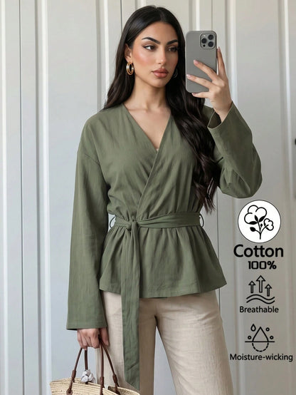 Elenzga Women's Solid Color V-Neck Waist Tie Pleated Casual Versatile Daily Outing Blouse