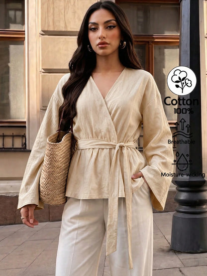 Elenzga Women's Solid Color V-Neck Waist Tie Pleated Casual Versatile Daily Outing Blouse