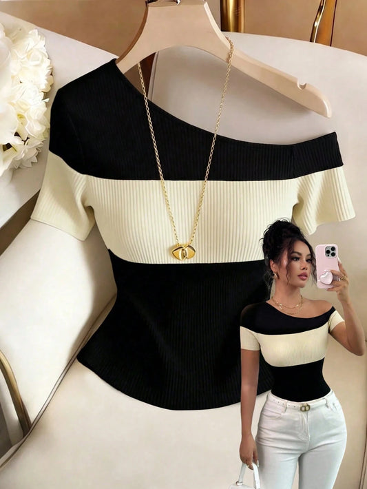 Elenzga Women's Summer Black And Beige Striped Asymmetric Shoulder Short Sleeve Fitted T-Shirt,Seksi Chic Night Elegant Blouse For &Street Photography