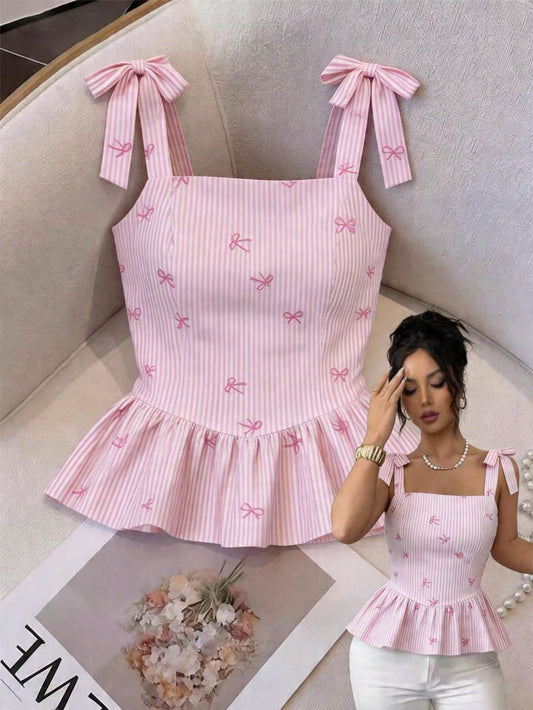 Elenzga Women's Summer Casual Striped Bow Print Tie-Up Ruffle Hem Camisole