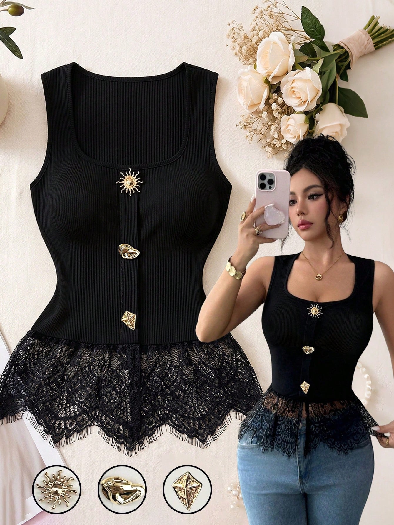 Elenzga Women's Summer Solid Color Ribbed Fabric Square Neck Metal Buckle Patchwork Eyelash Lace Trim Elegant Sexy Night Out Summer Top Black And Gold
