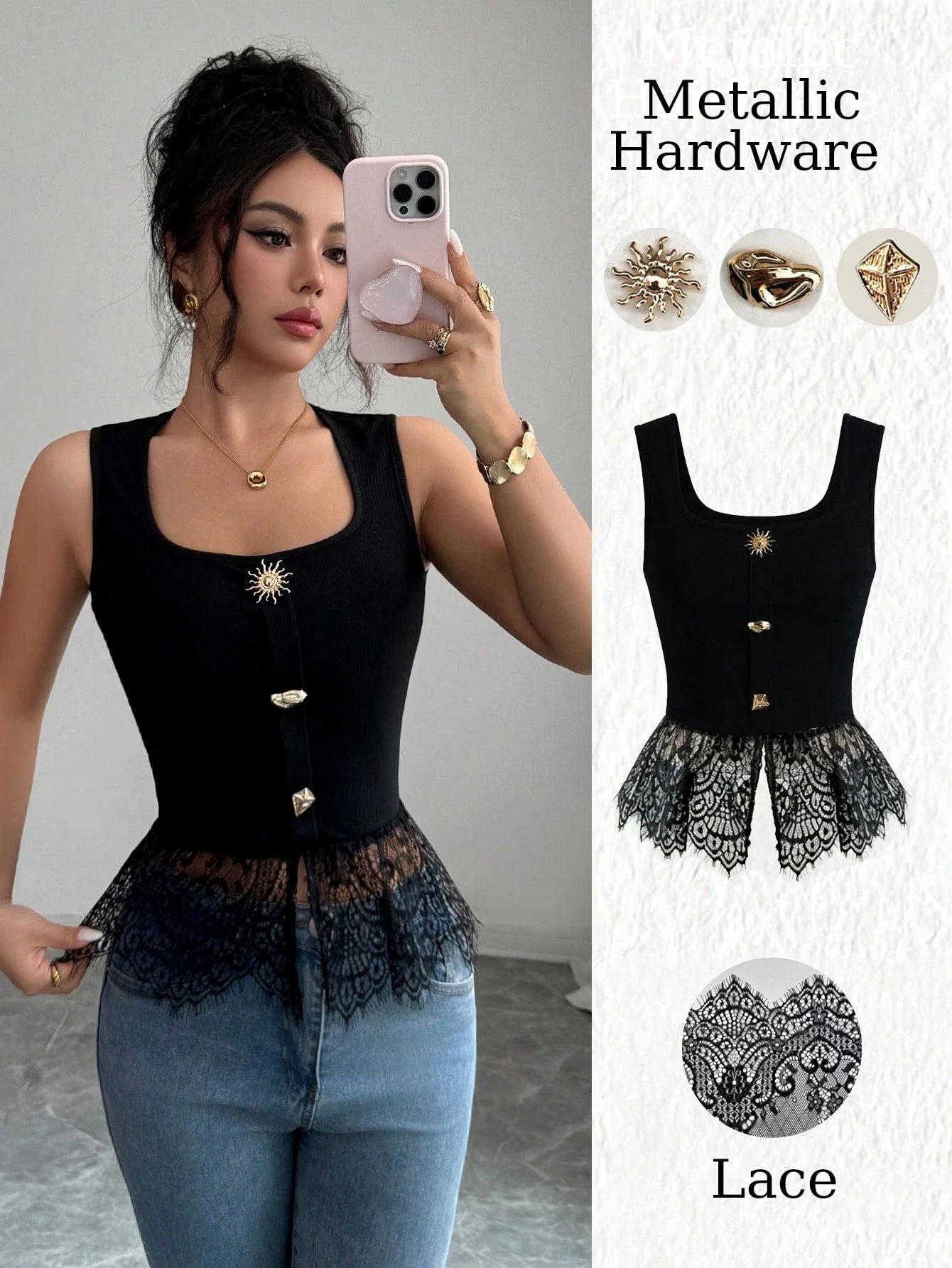 Elenzga Women's Summer Solid Color Ribbed Fabric Square Neck Metal Buckle Patchwork Eyelash Lace Trim Elegant Sexy Night Out Summer Top Black And Gold