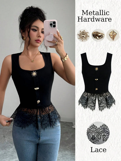 Elenzga Women's Summer Solid Color Ribbed Fabric Square Neck Metal Buckle Patchwork Eyelash Lace Trim Elegant Sexy Night Out Summer Top Black And Gold
