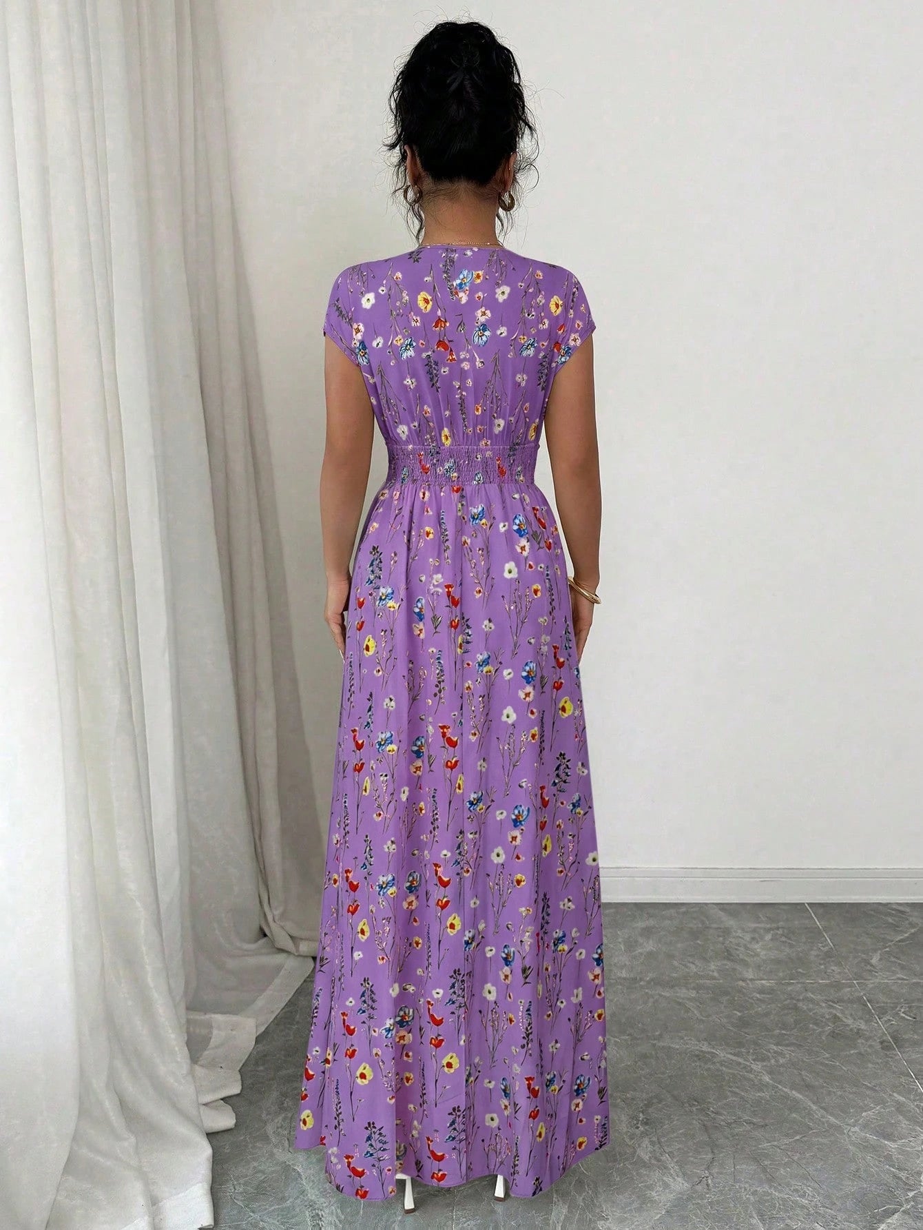 Elenzga Women's V-Neck Sleeveless Ditsy Floral Cinched Waist Maxi Dress Holiday Holiday Picnic Purple Floral Floral Summer Boho Holiday Picnic