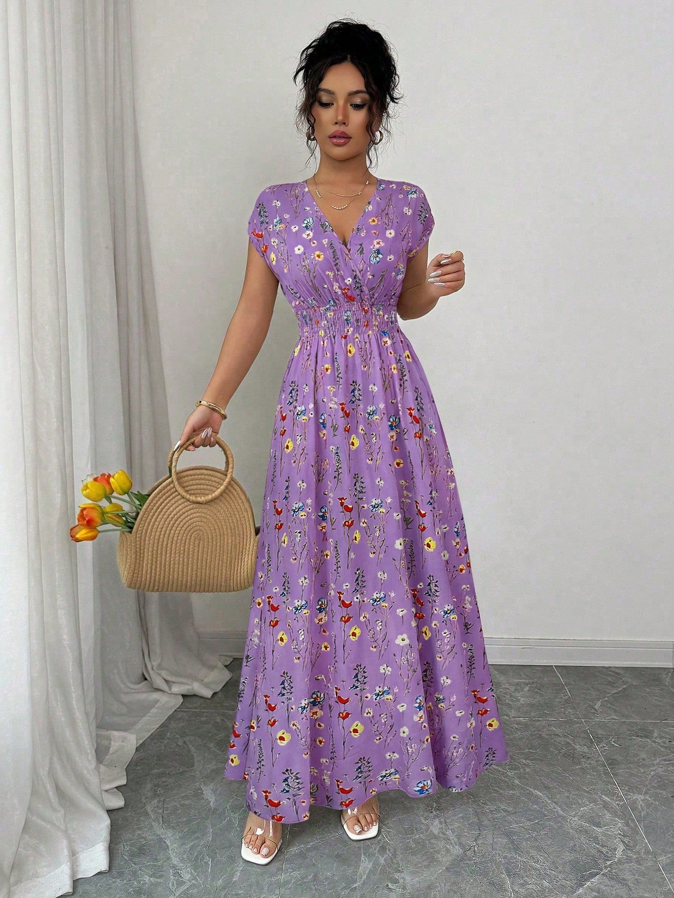 Elenzga Women's V-Neck Sleeveless Ditsy Floral Cinched Waist Maxi Dress Holiday Holiday Picnic Purple Floral Floral Summer Boho Holiday Picnic