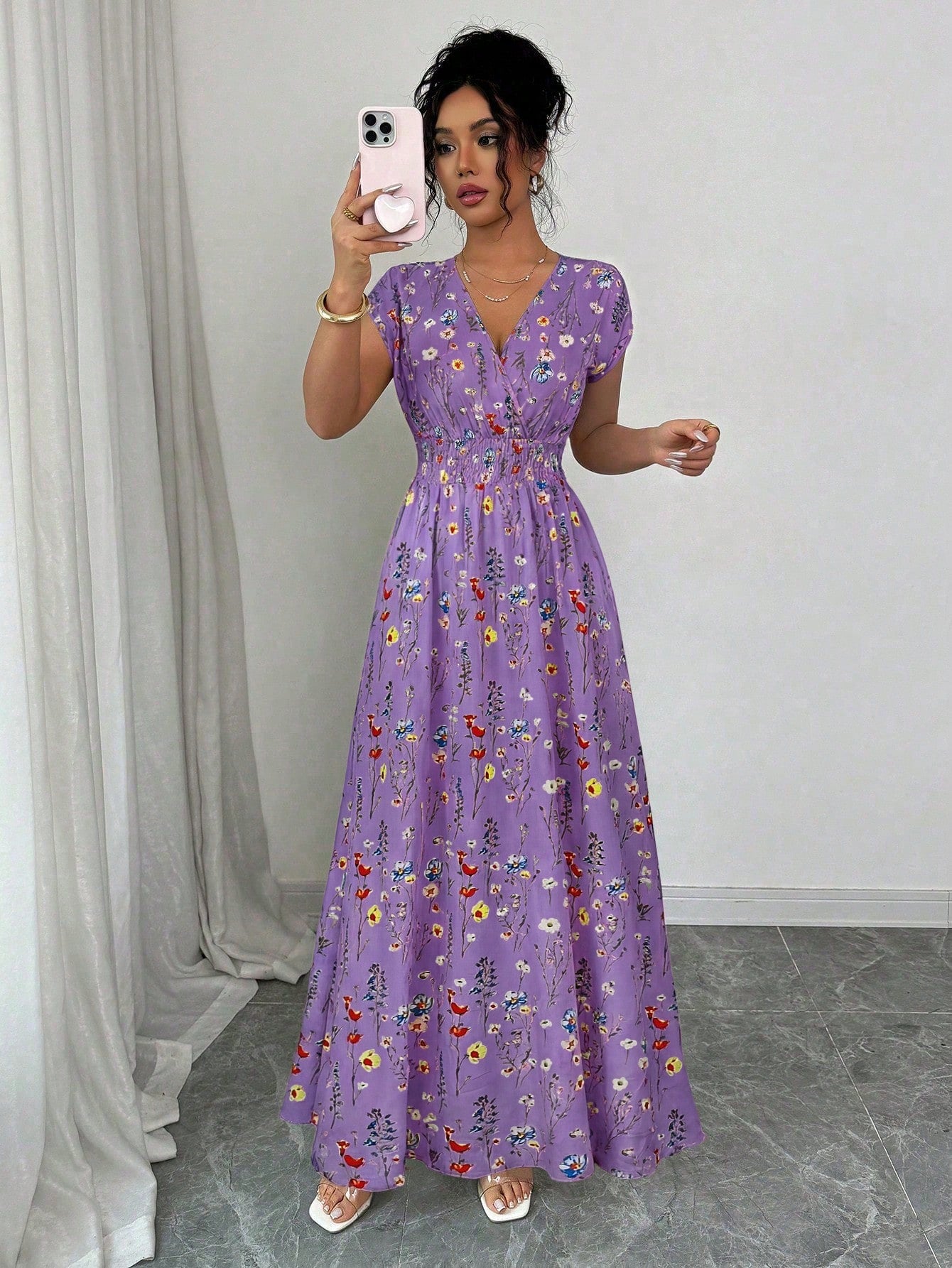 Elenzga Women's V-Neck Sleeveless Ditsy Floral Cinched Waist Maxi Dress Holiday Holiday Picnic Purple Floral Floral Summer Boho Holiday Picnic
