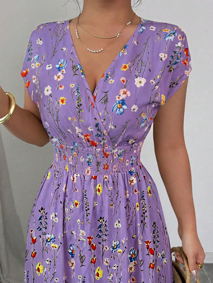 Elenzga Women's V-Neck Sleeveless Ditsy Floral Cinched Waist Maxi Dress Holiday Holiday Picnic Purple Floral Floral Summer Boho Holiday Picnic
