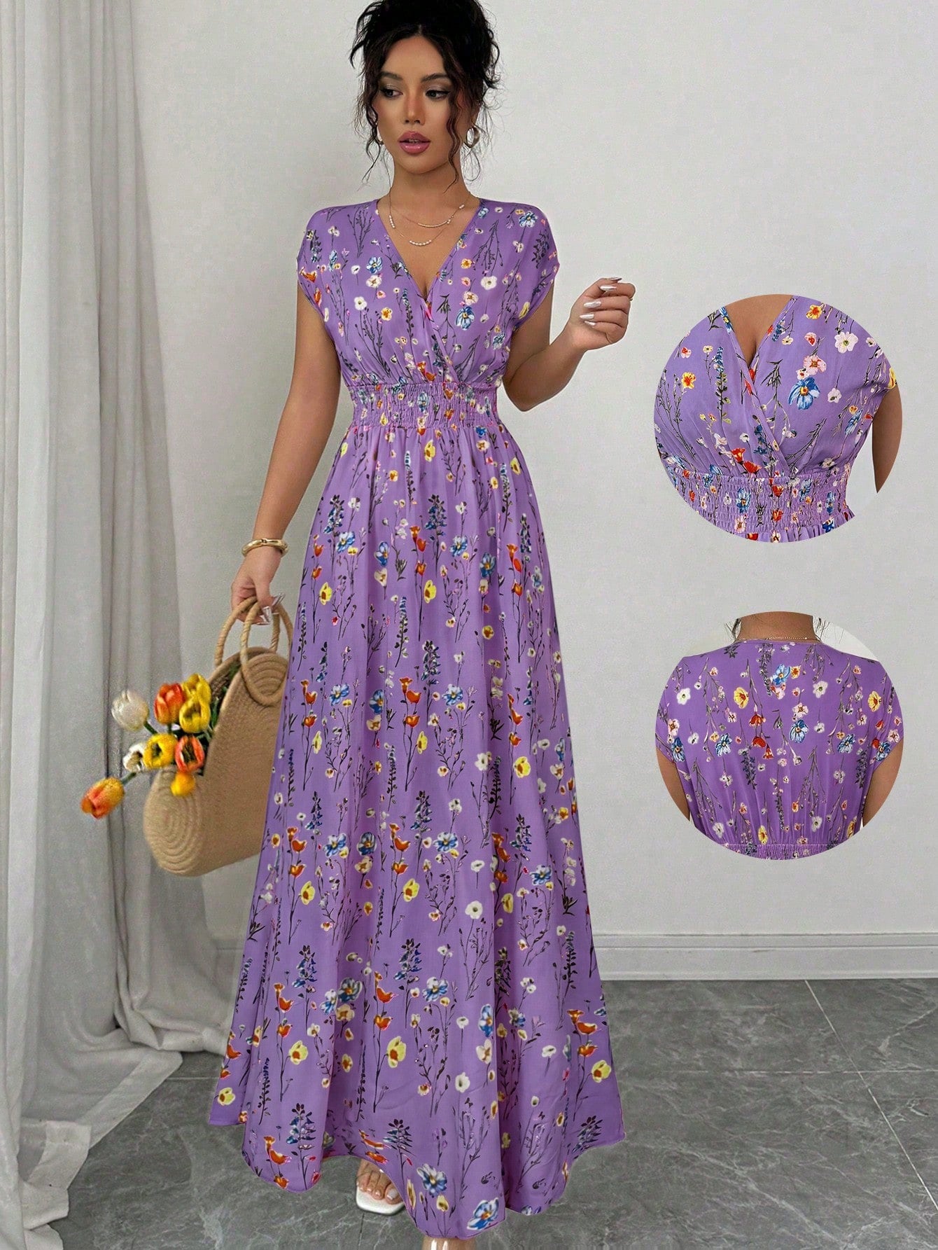 Elenzga Women's V-Neck Sleeveless Ditsy Floral Cinched Waist Maxi Dress Holiday Holiday Picnic Purple Floral Floral Summer Boho Holiday Picnic