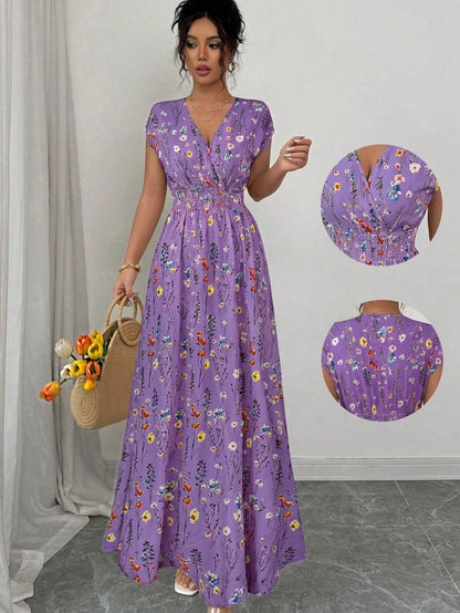 Elenzga Women's V-Neck Sleeveless Ditsy Floral Cinched Waist Maxi Dress Holiday Holiday Picnic Purple Floral Floral Summer Boho Holiday Picnic