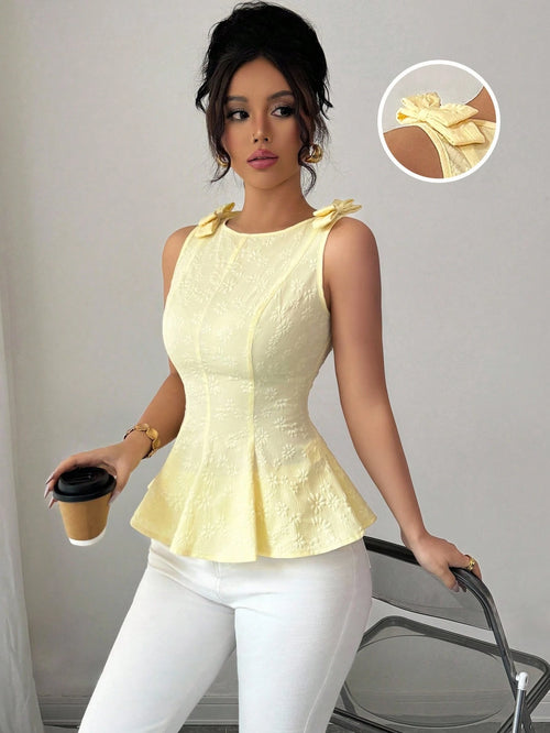 Elenzya New Woven Texture Floral Print Women's Top With Bowknot Shoulder Strap, Waist Cinched Ruffle Hem Design, Elegant Versatile Holiday Casual