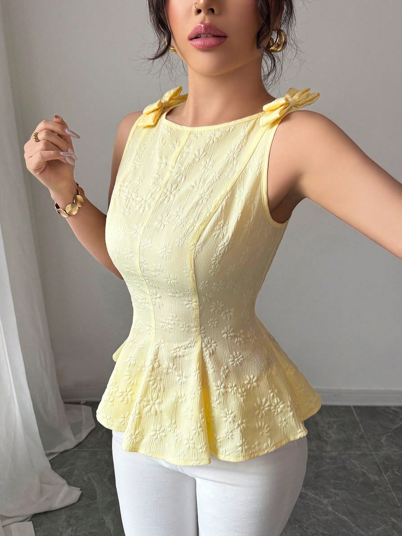 Elenzya New Woven Texture Floral Print Women's Top With Bowknot Shoulder Strap, Waist Cinched Ruffle Hem Design, Elegant Versatile Holiday Casual