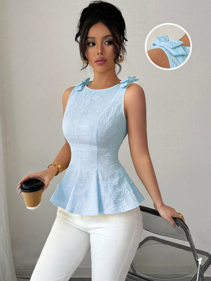 Elenzya New Woven Texture Floral Print Women's Top With Bowknot Shoulder Strap, Waist Cinched Ruffle Hem Design, Elegant Versatile Holiday Casual