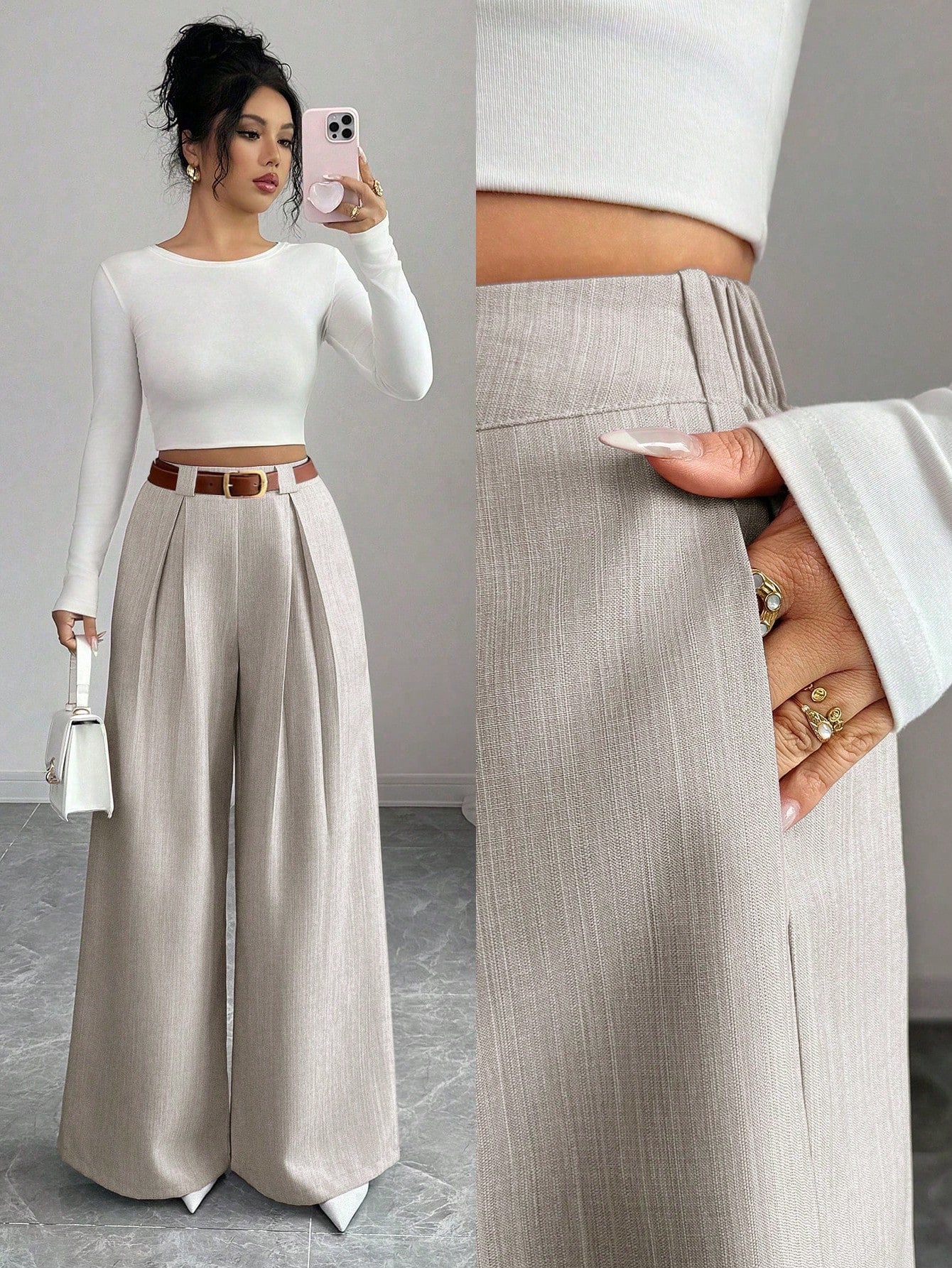 Elenzya Women's Casual Everyday Office Commute Minimalist Solid Color Pleated Loose Wide Leg Pants, Belt Not Included