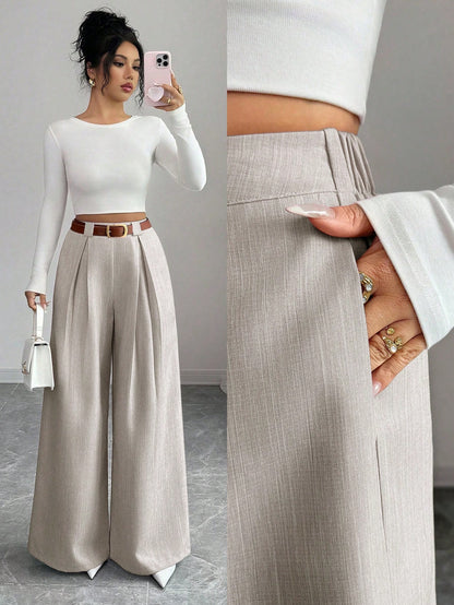 Elenzya Women's Casual Everyday Office Commute Minimalist Solid Color Pleated Loose Wide Leg Pants, Belt Not Included