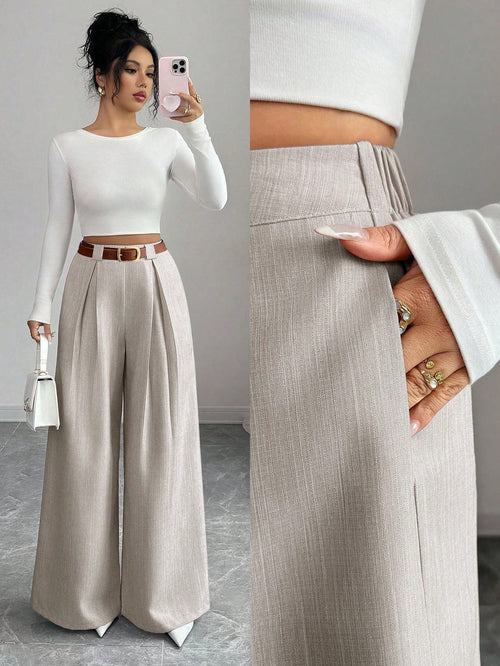 Elenzya Women's Casual Everyday Office Commute Minimalist Solid Color Pleated Loose Wide Leg Pants, Belt Not Included