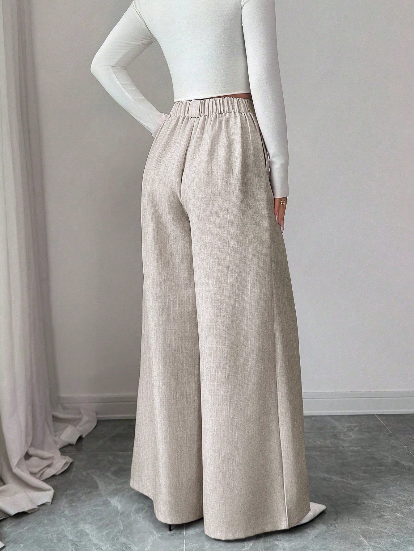 Elenzya Women's Casual Everyday Office Commute Minimalist Solid Color Pleated Loose Wide Leg Pants, Belt Not Included