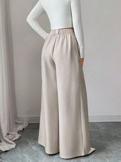 Elenzya Women's Casual Everyday Office Commute Minimalist Solid Color Pleated Loose Wide Leg Pants, Belt Not Included
