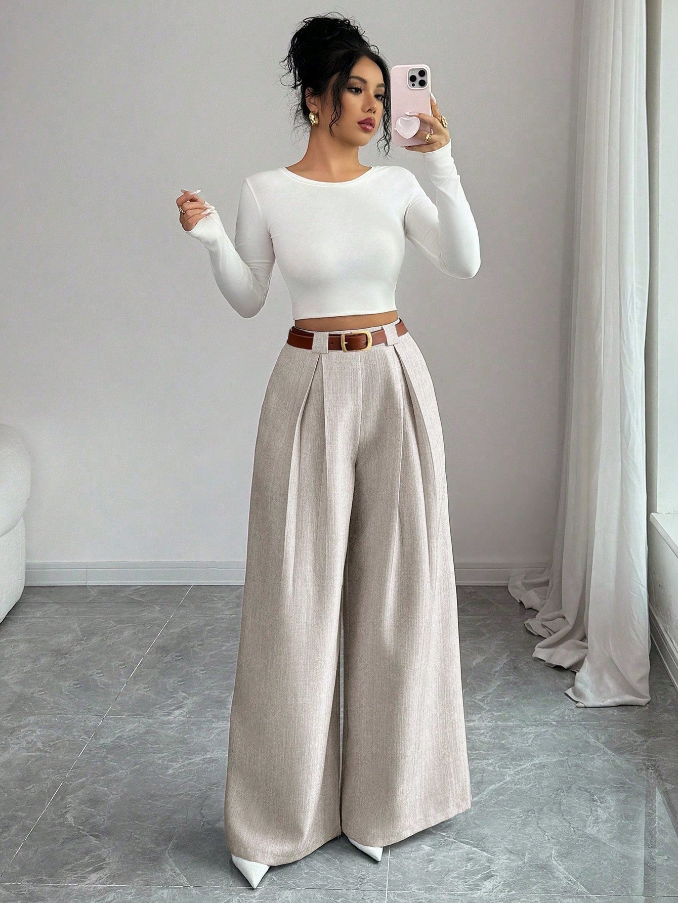 Elenzya Women's Casual Everyday Office Commute Minimalist Solid Color Pleated Loose Wide Leg Pants, Belt Not Included