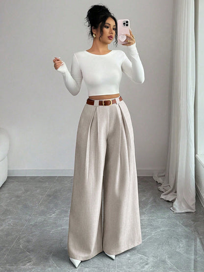 Elenzya Women's Casual Everyday Office Commute Minimalist Solid Color Pleated Loose Wide Leg Pants, Belt Not Included