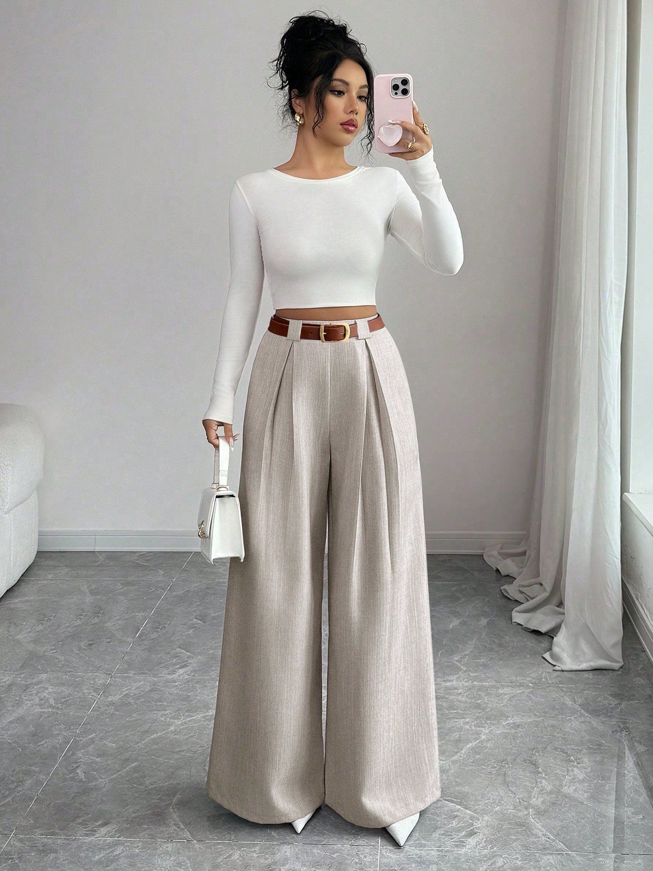 Elenzya Women's Casual Everyday Office Commute Minimalist Solid Color Pleated Loose Wide Leg Pants, Belt Not Included