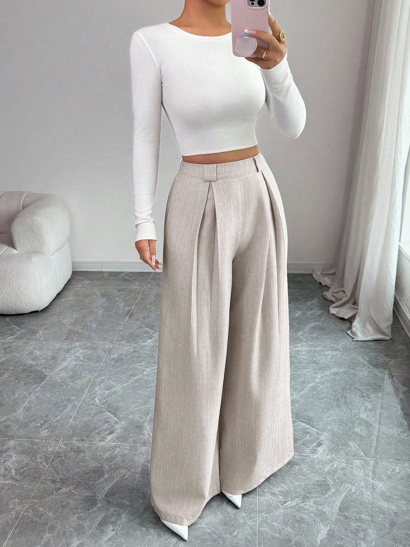 Elenzya Women's Casual Everyday Office Commute Minimalist Solid Color Pleated Loose Wide Leg Pants, Belt Not Included