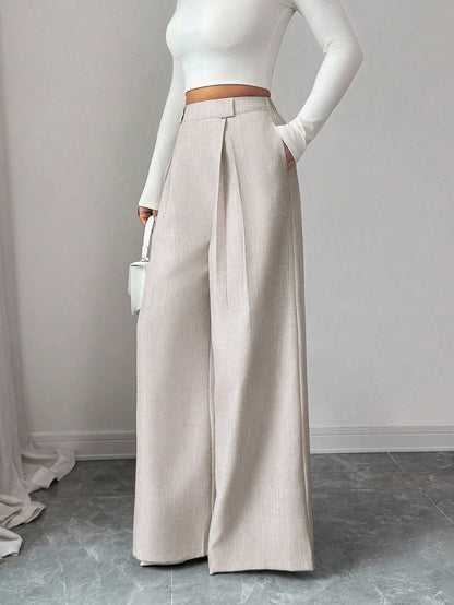 Elenzya Women's Casual Everyday Office Commute Minimalist Solid Color Pleated Loose Wide Leg Pants, Belt Not Included