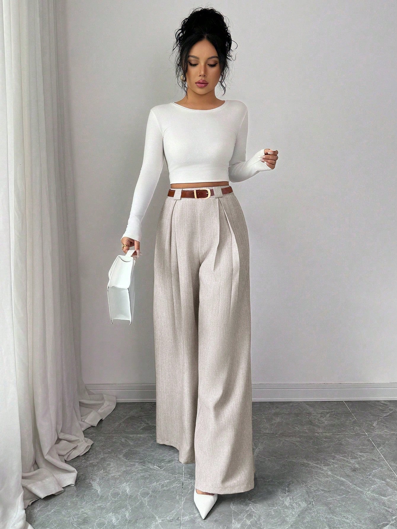 Elenzya Women's Casual Everyday Office Commute Minimalist Solid Color Pleated Loose Wide Leg Pants, Belt Not Included