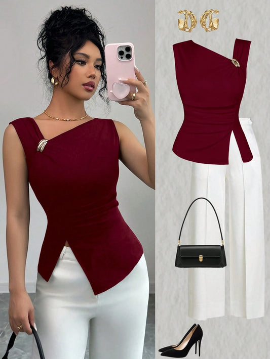 Elenzya Women's Fashionable Elegant Solid Color Asymmetrical Shoulder Camisole Top