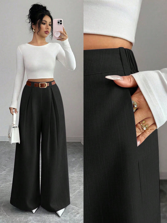 Elenzya Women's Loose Wide Leg Pleated Pocket Pants,Black Winter Classy Elegant Office Business Casual Graduation Season Evening Work Wear,No Belt